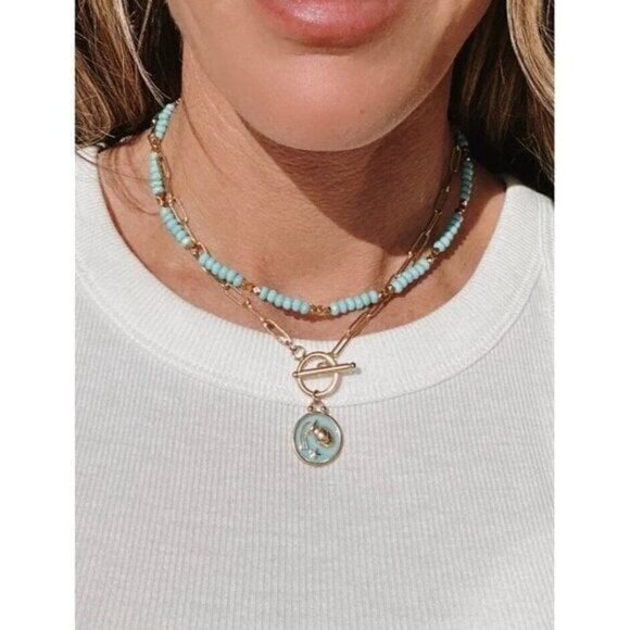 Zodiac Pendant Necklace Waterproof Gold Toggle Clasp Turquoise pendant Necklace - Picture 10 of 12